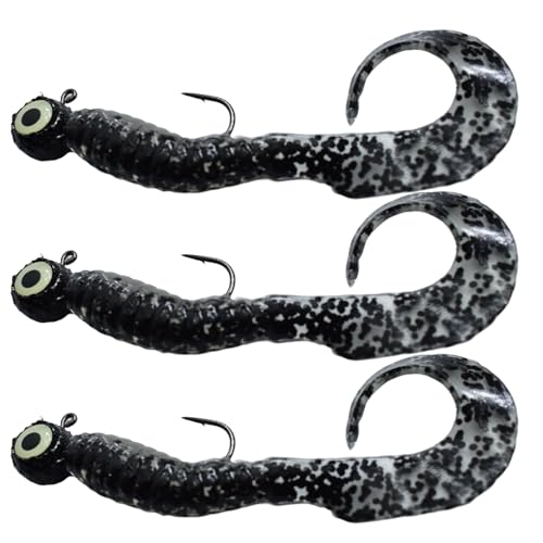 Pre-Rigged Glitter Fishing Jig Heads with Single Tail Grub (12 Pack), Choose your preferred size. Injected with Super Glow material That makes it pop to The Eyes of any fish species!