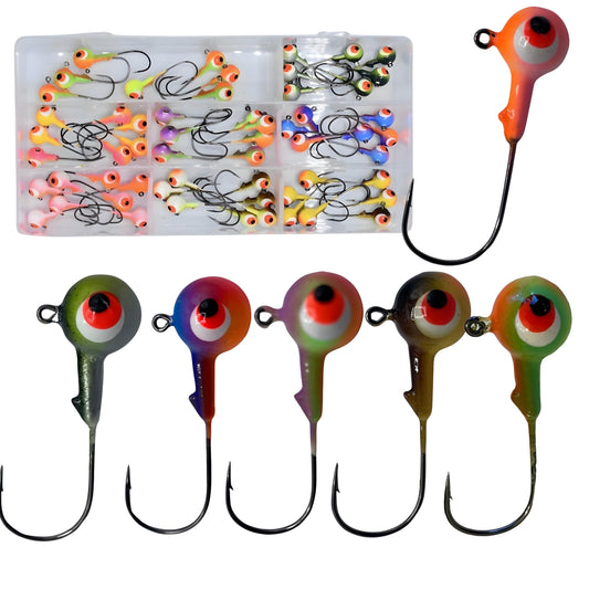 58pc 3/8oz Pro Guide Fishing Jig Kit - Classic Round Jig Head, 5 Color air Brushed Paint Process, Mustad Fishing Hooks, UV Charged, Comes in a Convenient Plastic case!