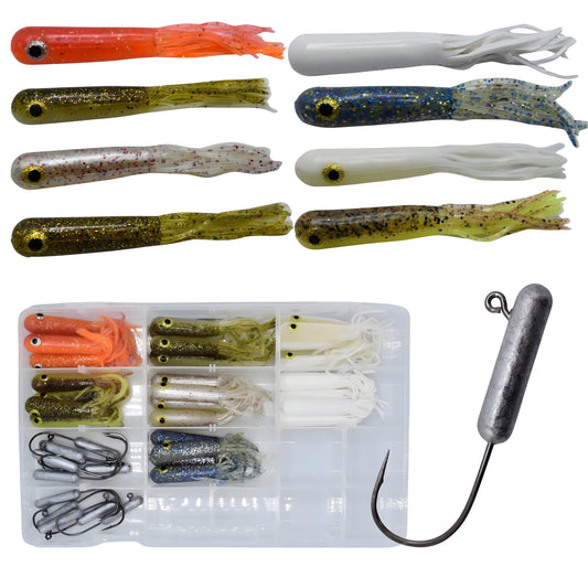 40pc Ultimate Pro Lake Trout Tube Kit - Perfect for Vertical Jigging, Premium Quality 5"" Glow Injected Durable Tubes, Mustad Hooks, Plastic case, Species of Fish!