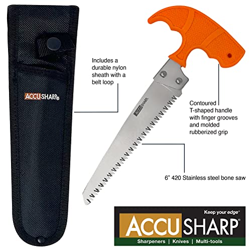 AccuSharp Bone Saw - Pack Saw for Hunting, Camping, Game Processing - Heavy Duty, Survival Hand Saw - Stainless Steel Blade, Ergonomic T Handle Saw with Sheath