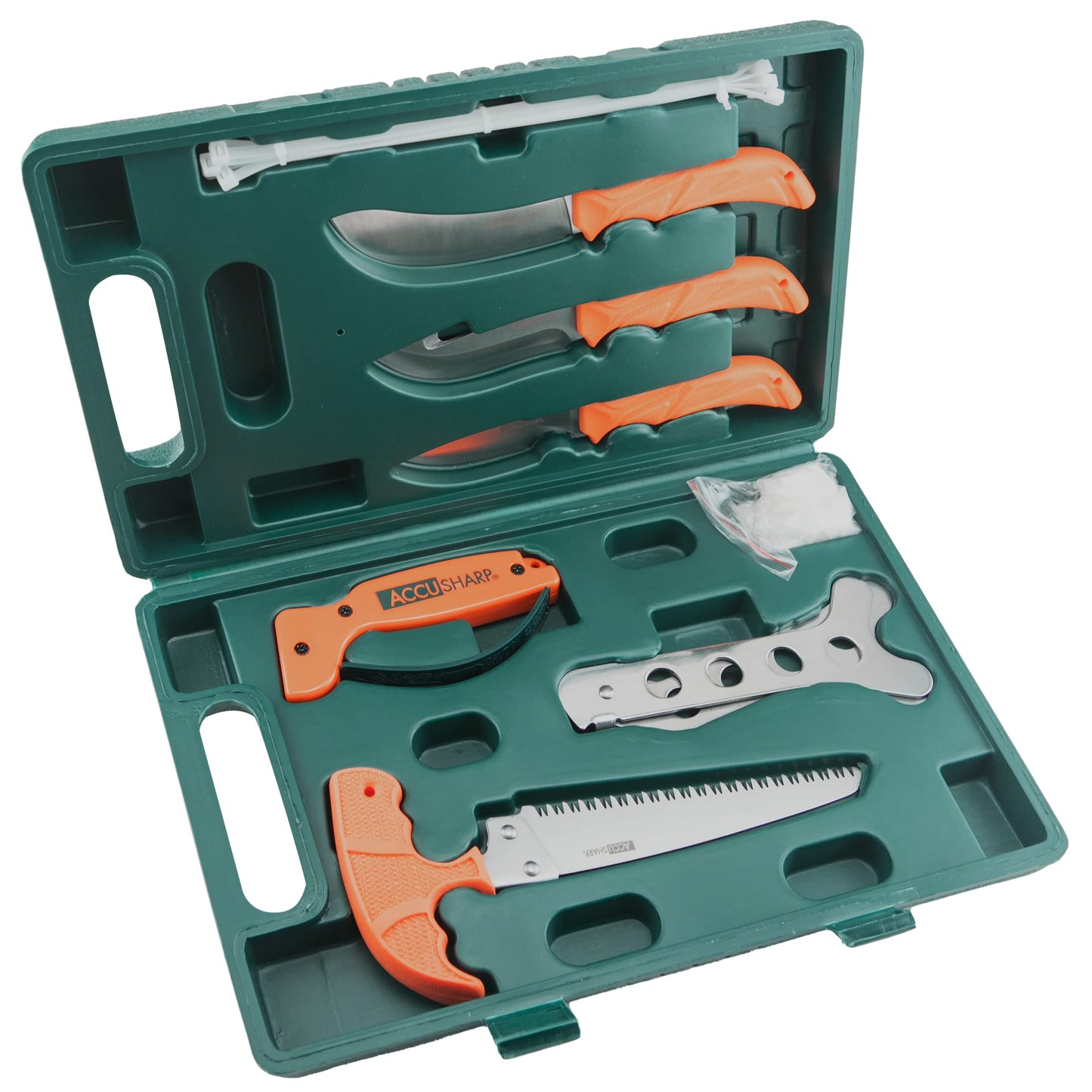 AccuSharp Hunting Kit - 9 Piece Processing Knife Kit with 3 Hunting Knives, Bone Saw, Ribcage Spreader, Zip Ties, Gloves and Knife Sharpener - Complete Field Dressing Kit with Case