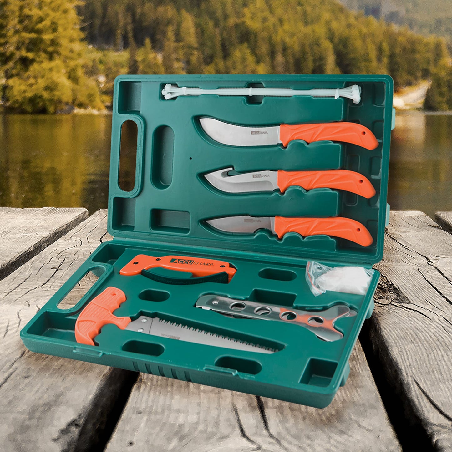AccuSharp Hunting Kit - 9 Piece Processing Knife Kit with 3 Hunting Knives, Bone Saw, Ribcage Spreader, Zip Ties, Gloves and Knife Sharpener - Complete Field Dressing Kit with Case